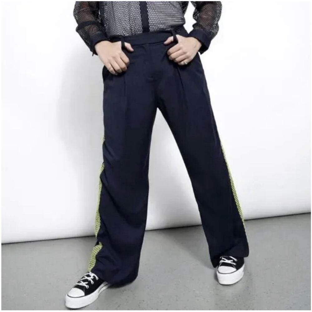 NEW Wildfang Empower Colorblock Wide Leg Trousers Navy Neon Green Size 4 NWT